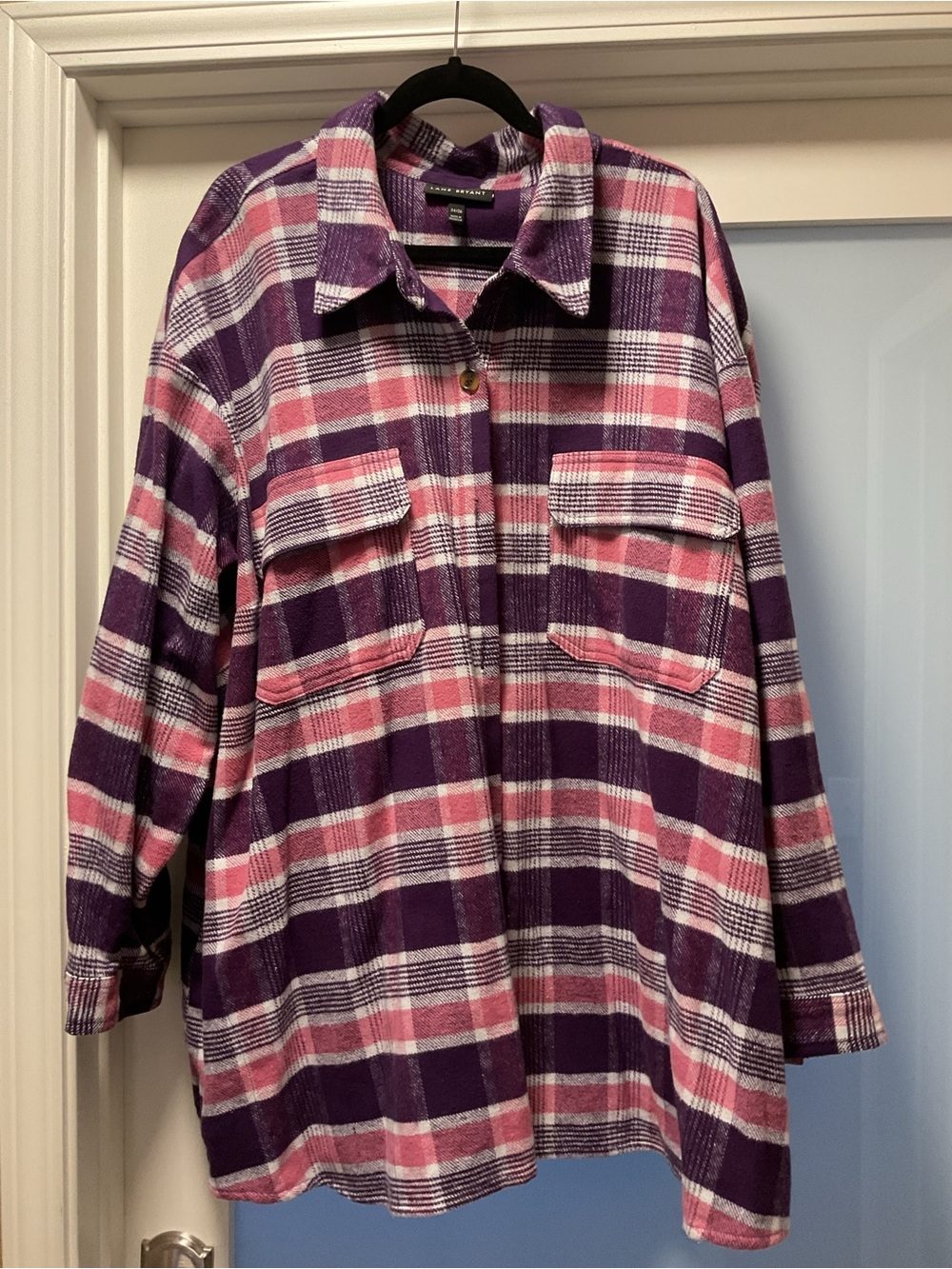 Lane Bryant Pink and Purple Plaid Utility Shacket